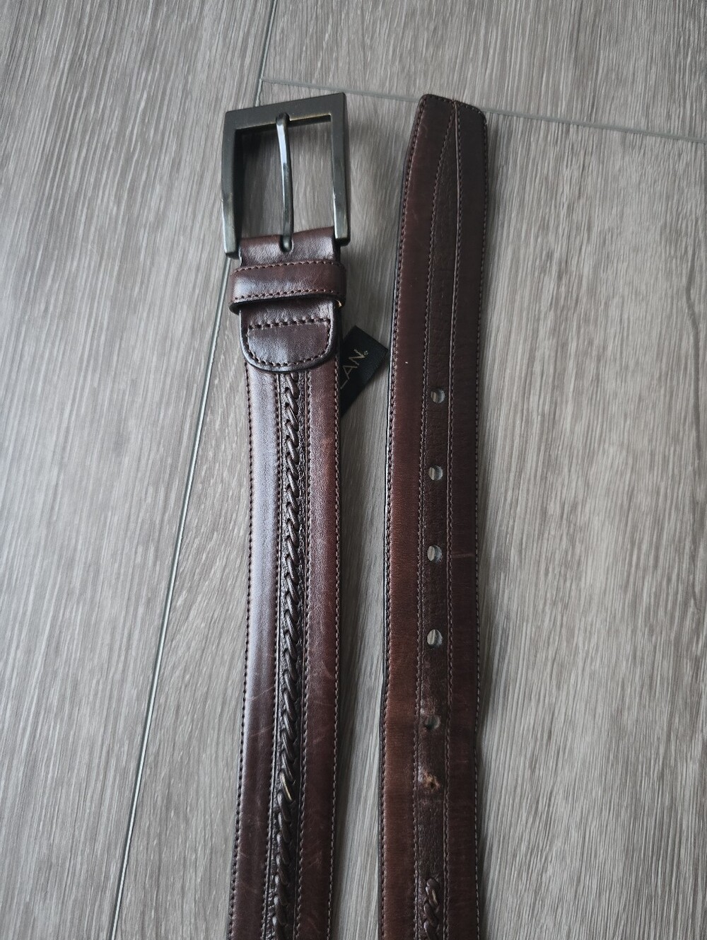 Mezlan Mens Brown Leather Belt Size 44 Braided Inlay Made in Spain Gunmetal 4929